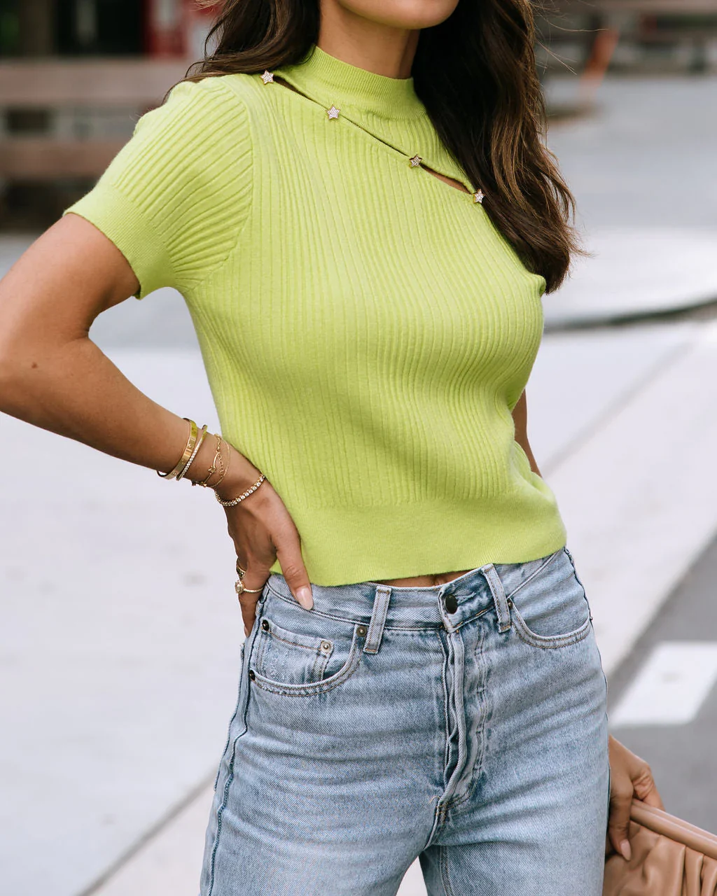 Got Me Starstruck Ribbed Embellished Cutout Top