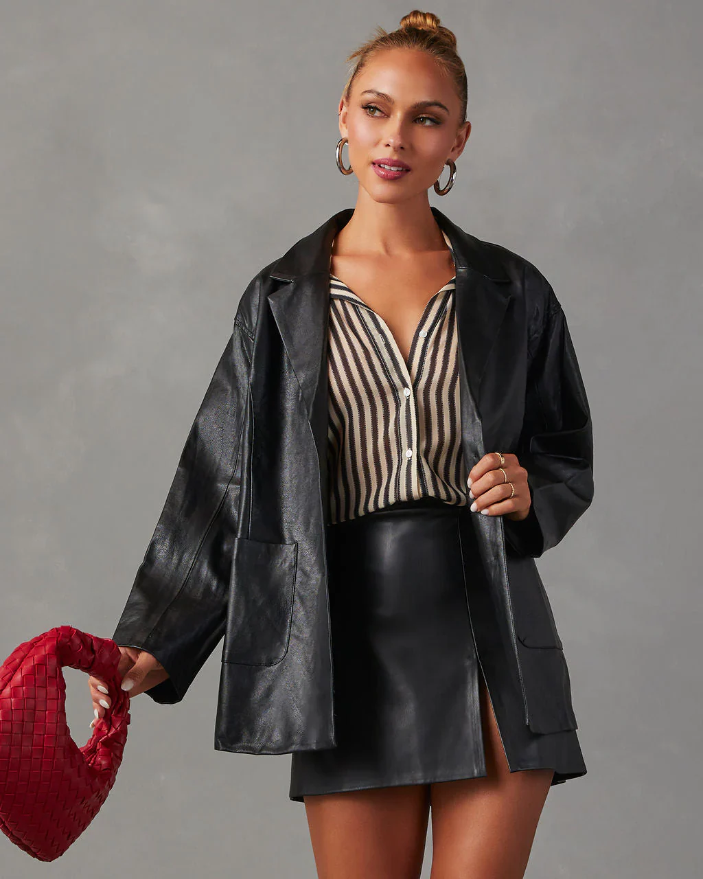 Bryanna Pocketed Faux Leather Blazer