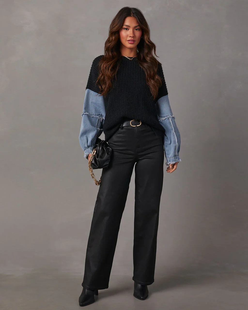 Lazelle Denim Sleeve Crew Neck Sweater