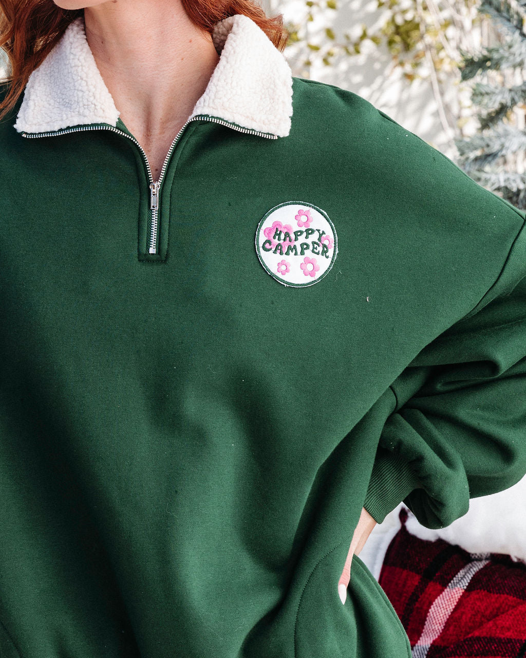 Happy Camper Half Zip Sherpa Trim Pocketed Pullover Sweater