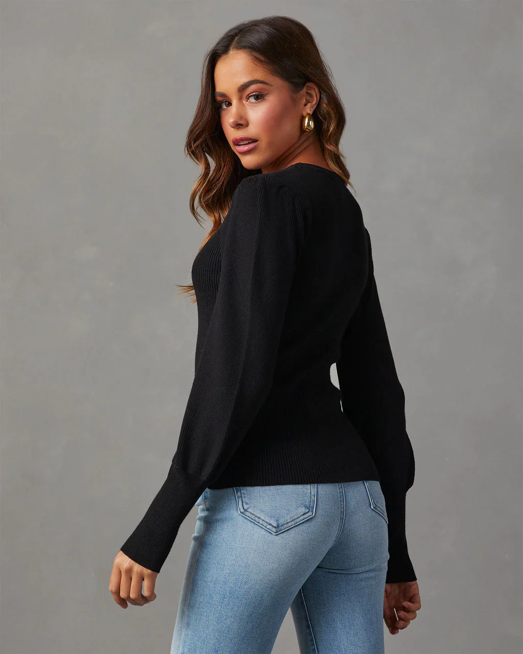 Carsian Ribbed Puff Sleeve Sweater