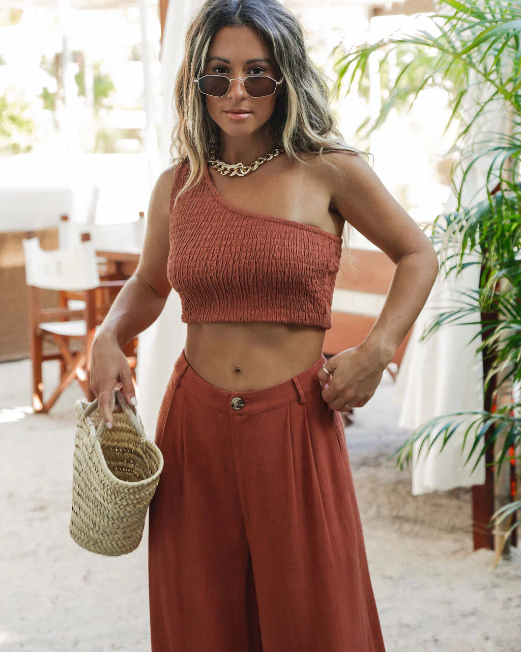 New Horizons Smocked One Shoulder Crop Top