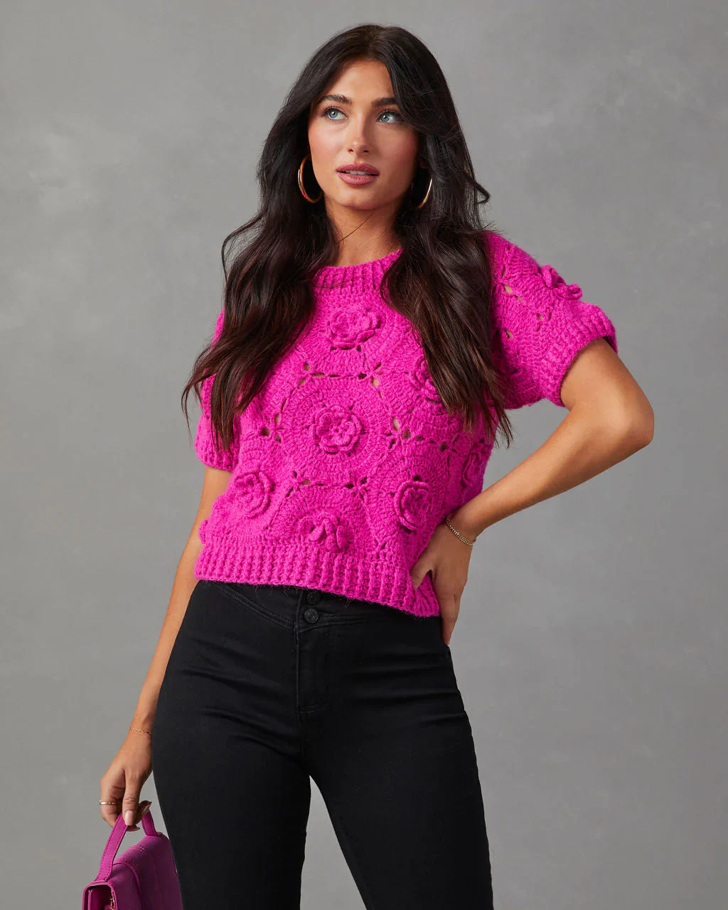 Rosette Short Sleeve Knit Sweater