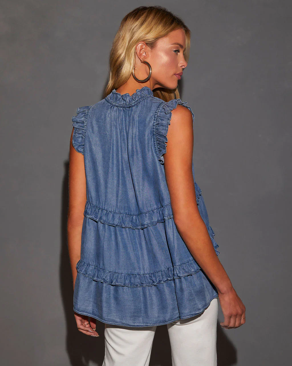 Nicole Chambray Ruffle Sleeveless Tiered Tunic