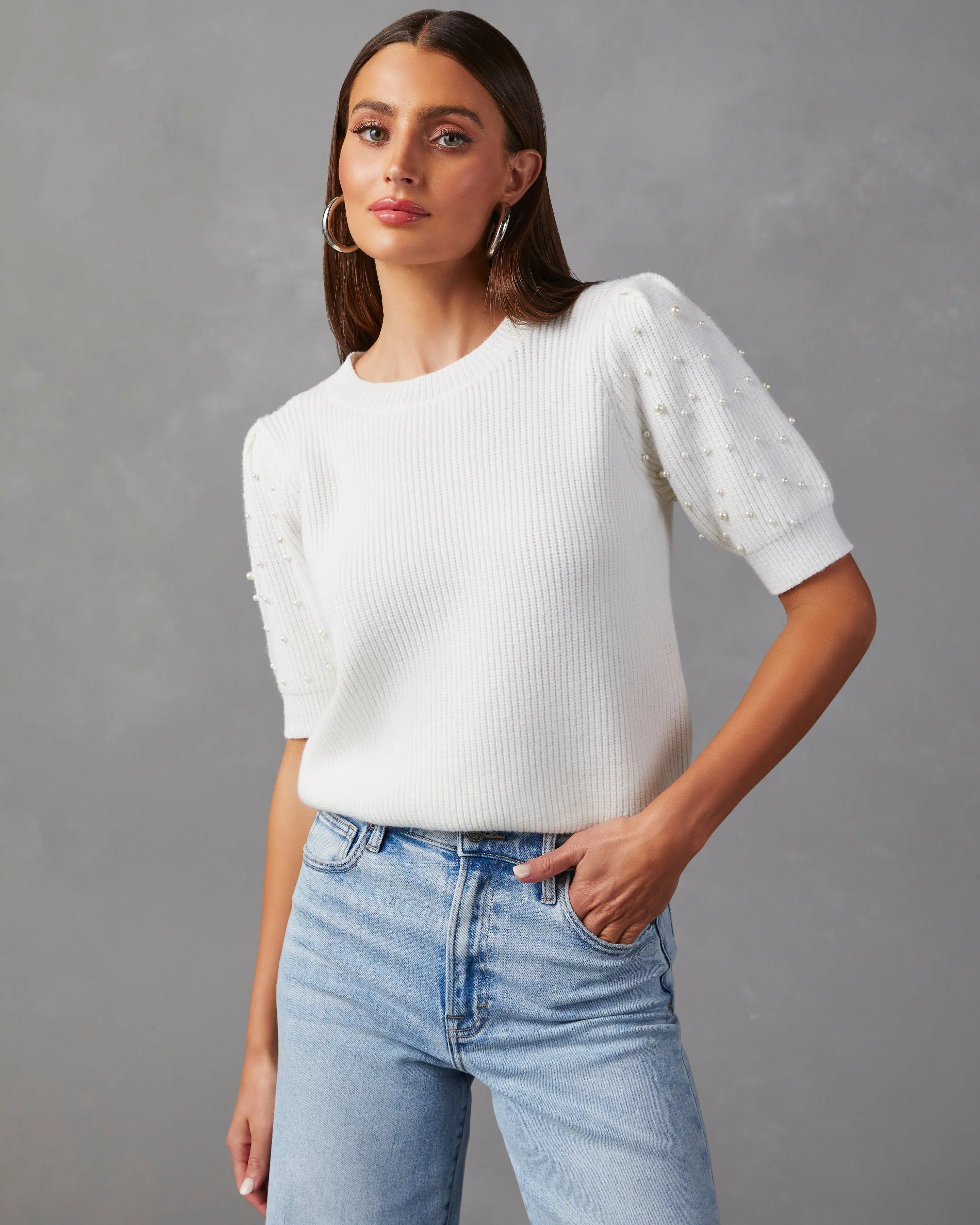Tika Pearl Embellished Puff Sleeve Sweater