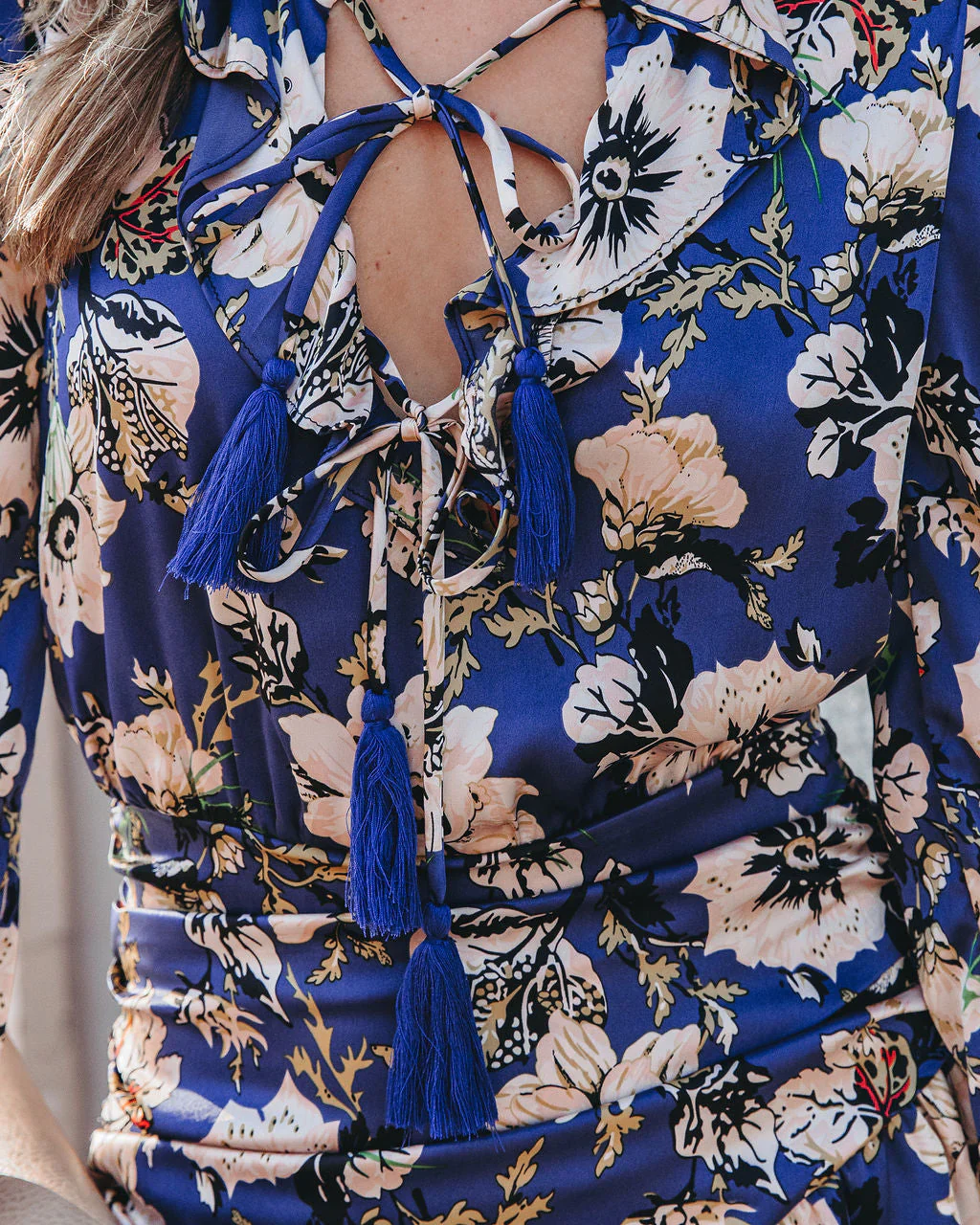 Pay It Forward Floral Satin Tassel Tie Mini Dress