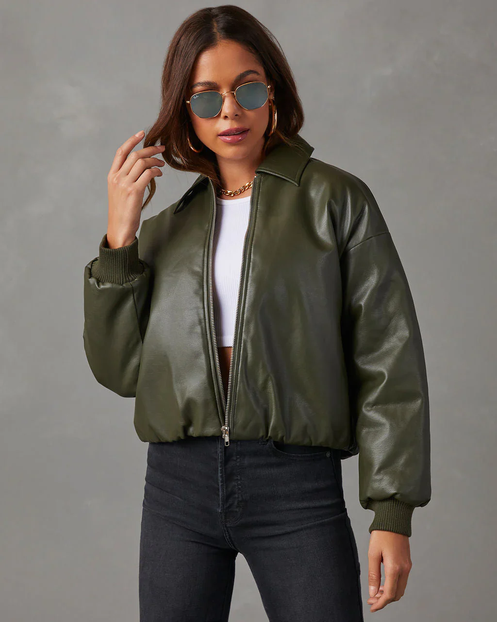 Miles Collared Faux Leather Bomber Jacket