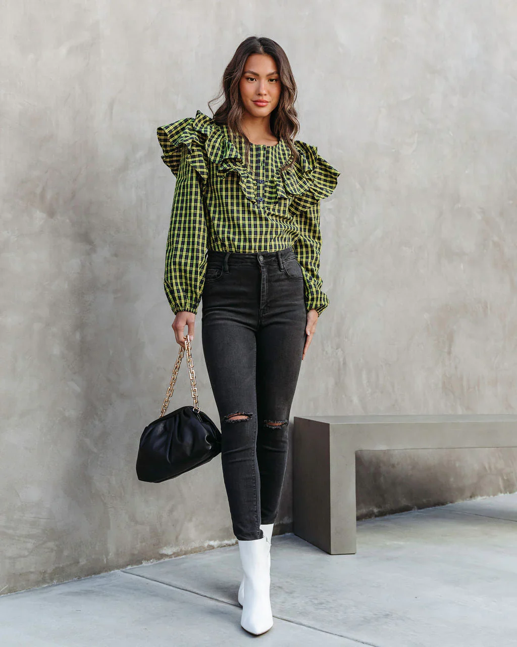 Clara Plaid Ruffle Long Sleeve Top