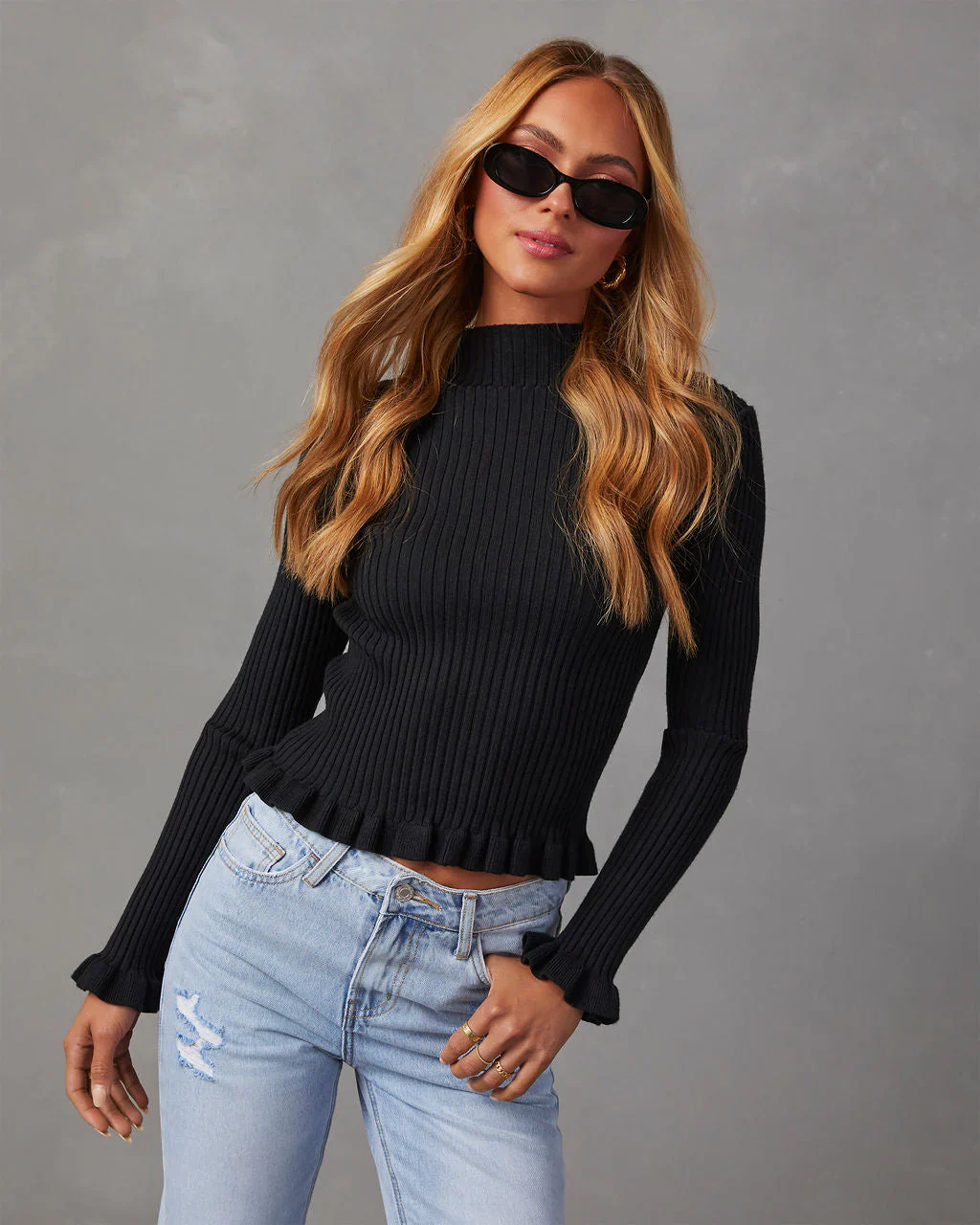 Bevelle Mock Neck Ruffle Hem Sweater