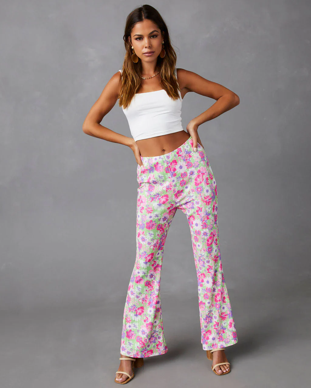 Front Row Floral Plisse Flare Leg Pants