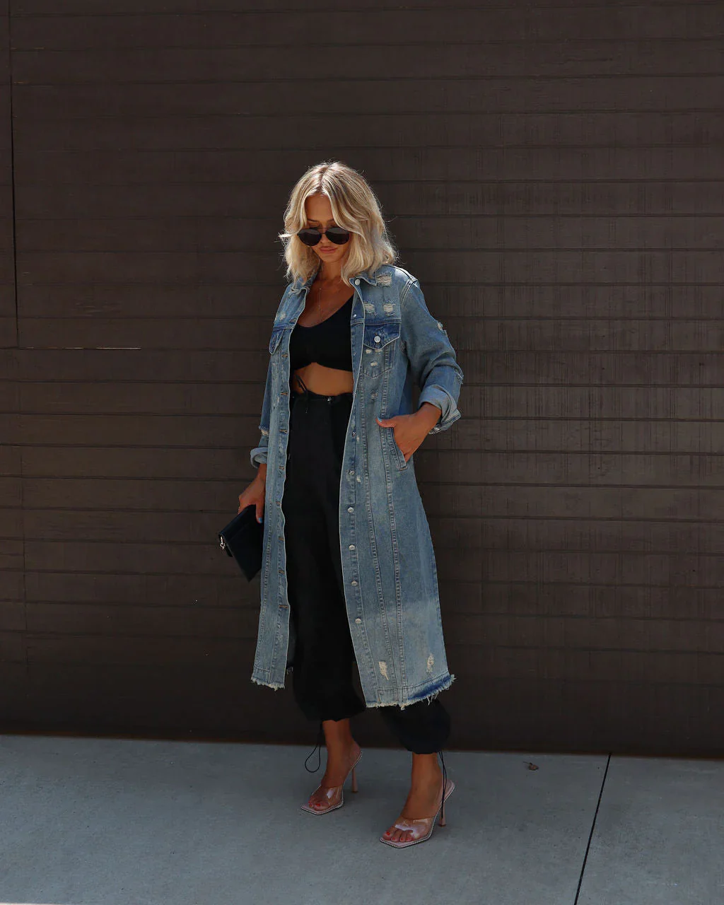 Nattie Distressed Long Denim Jacket