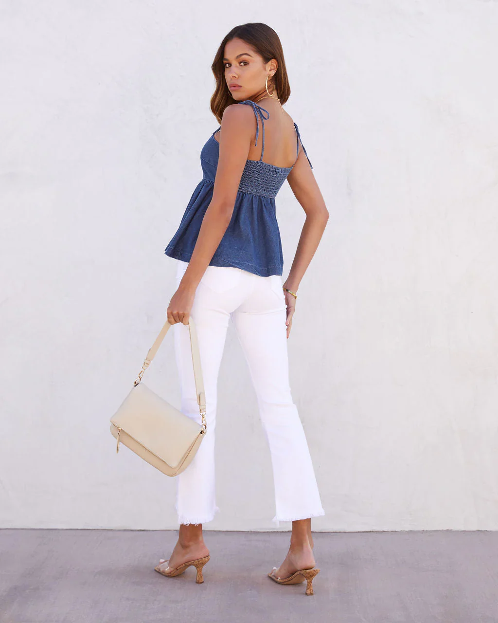 Nelly Denim Shoulder Tie Babydoll Top