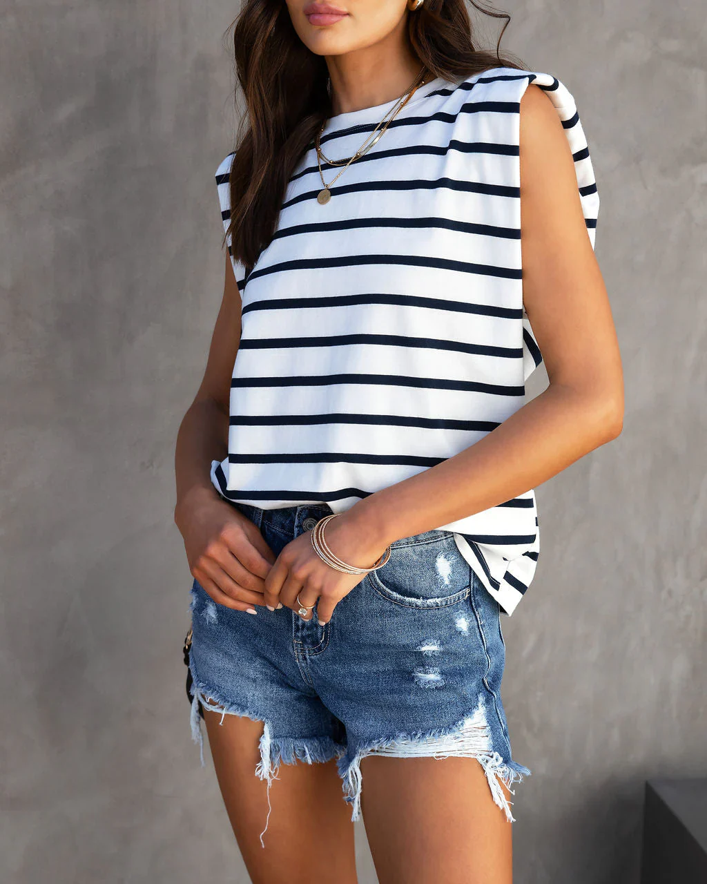 Skipper Cotton Striped Padded Shoulder Muscle Tee