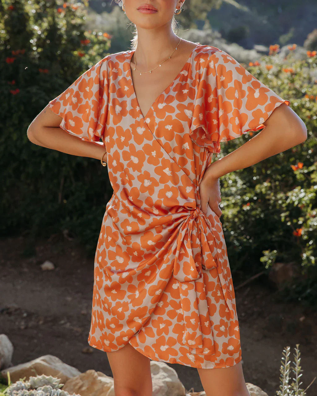 Sunsets With You Satin Floral Wrap Mini Dress
