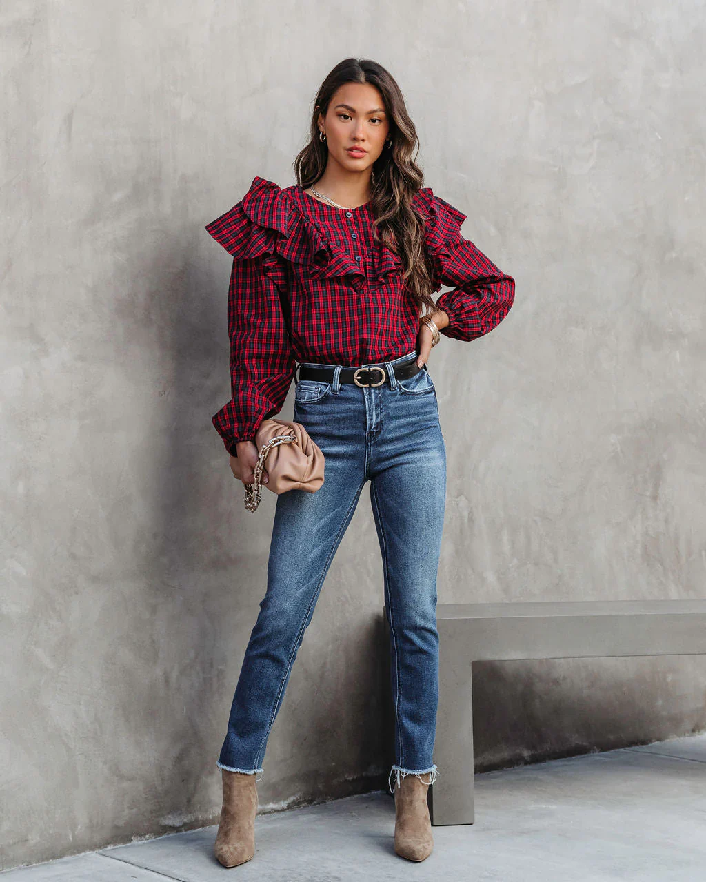 Clara Plaid Ruffle Long Sleeve Top