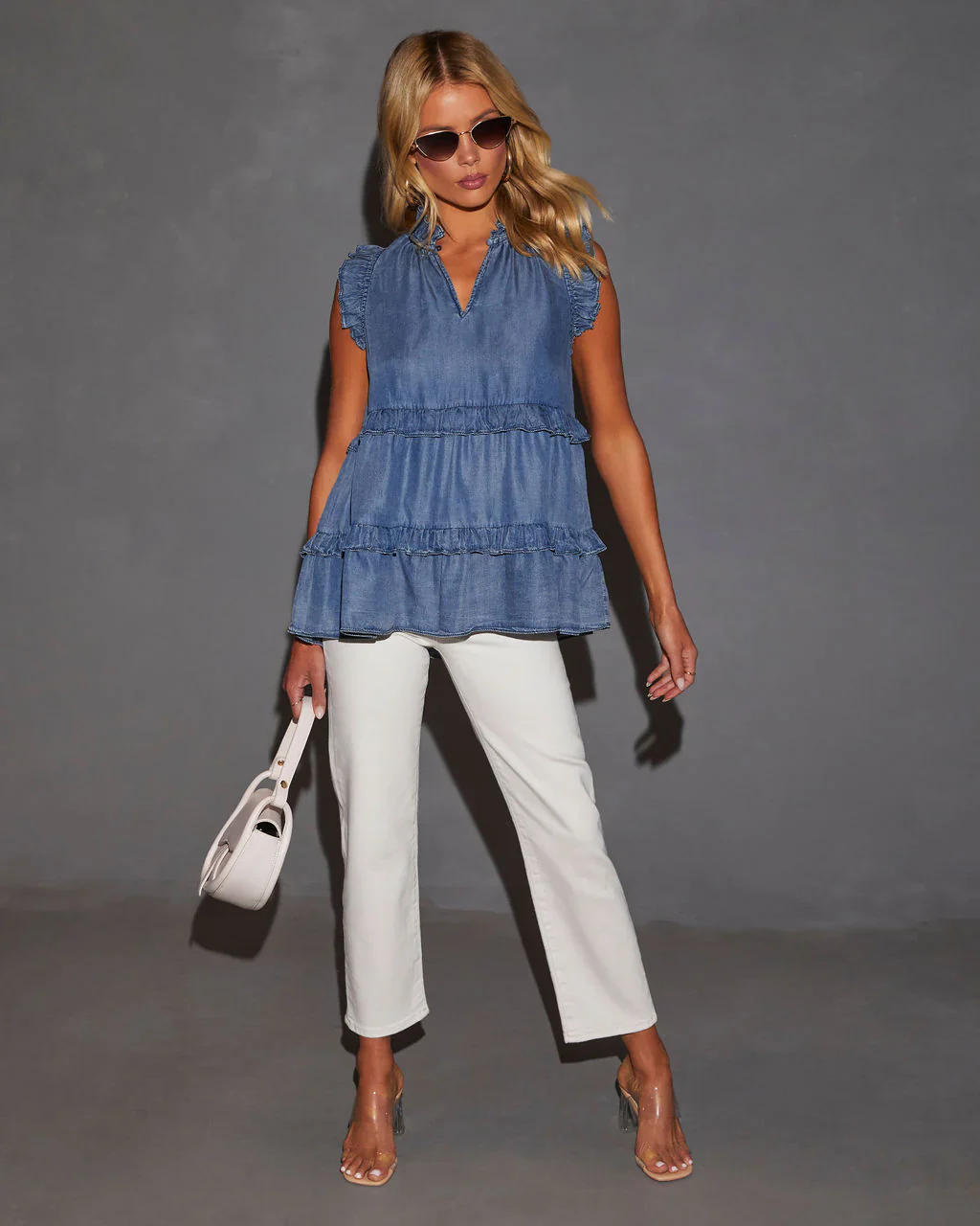 Nicole Chambray Ruffle Sleeveless Tiered Tunic