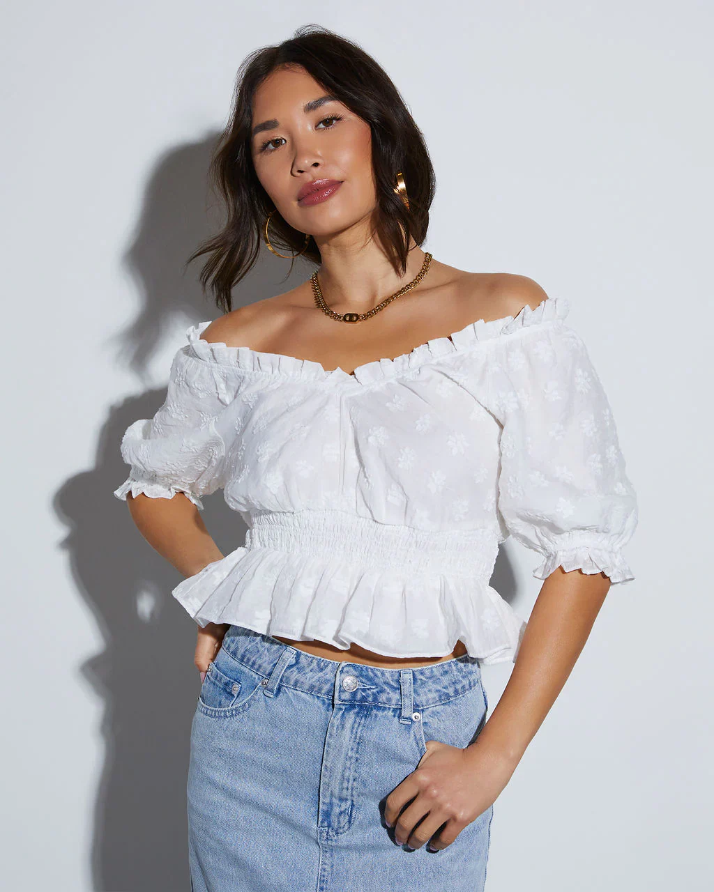 Ever So Sweet Floral Textured Puff Sleeve Peplum Top