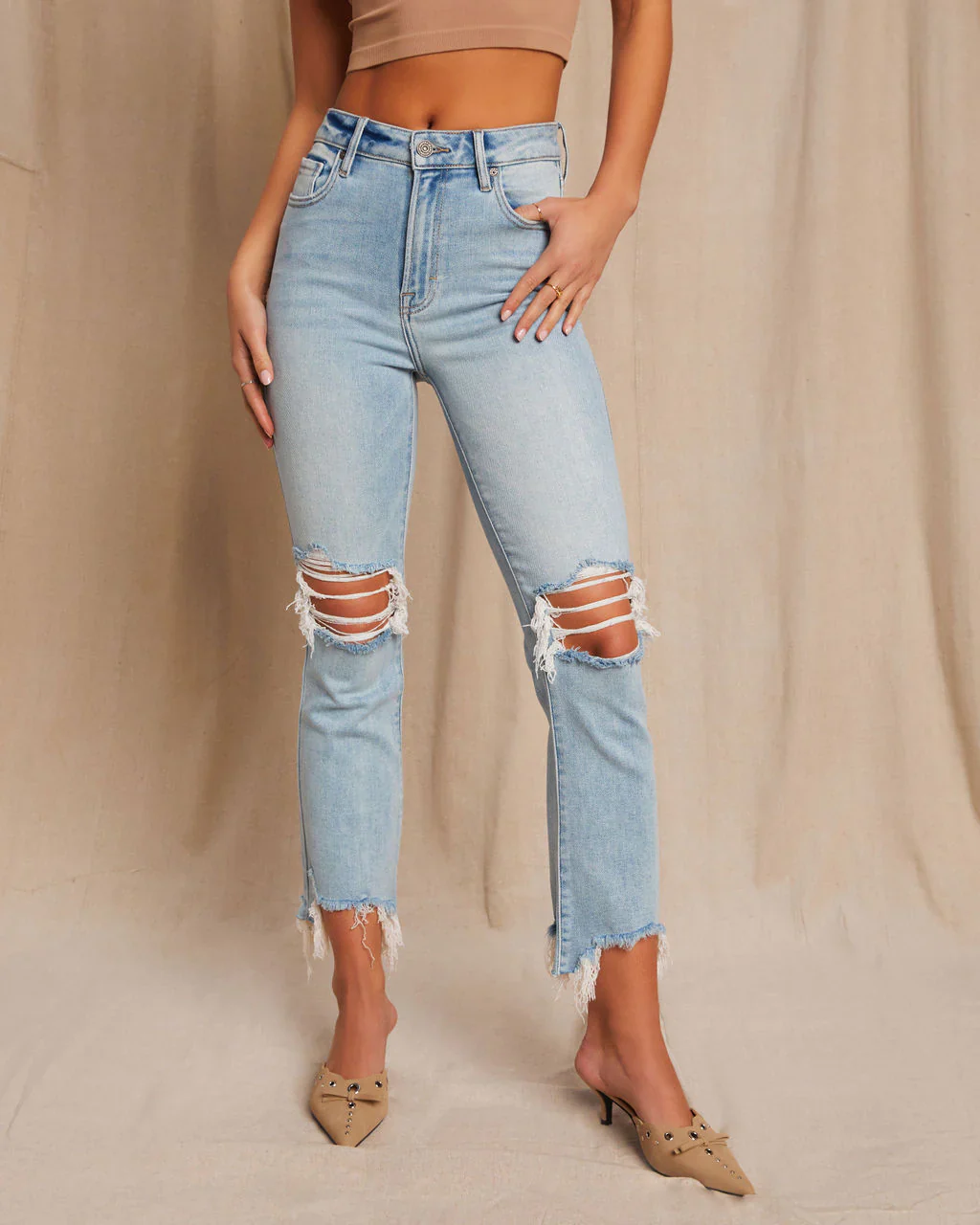 Cosmia High Rise Distressed Crop Flare Denim