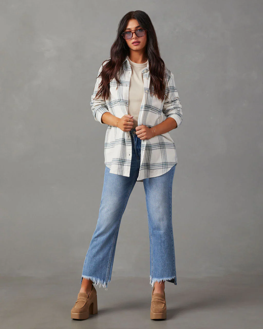 Ciera Oversized Cotton Plaid Button Down Top
