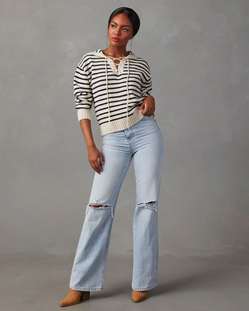 Laszlo Striped Lace Up Pullover Sweater