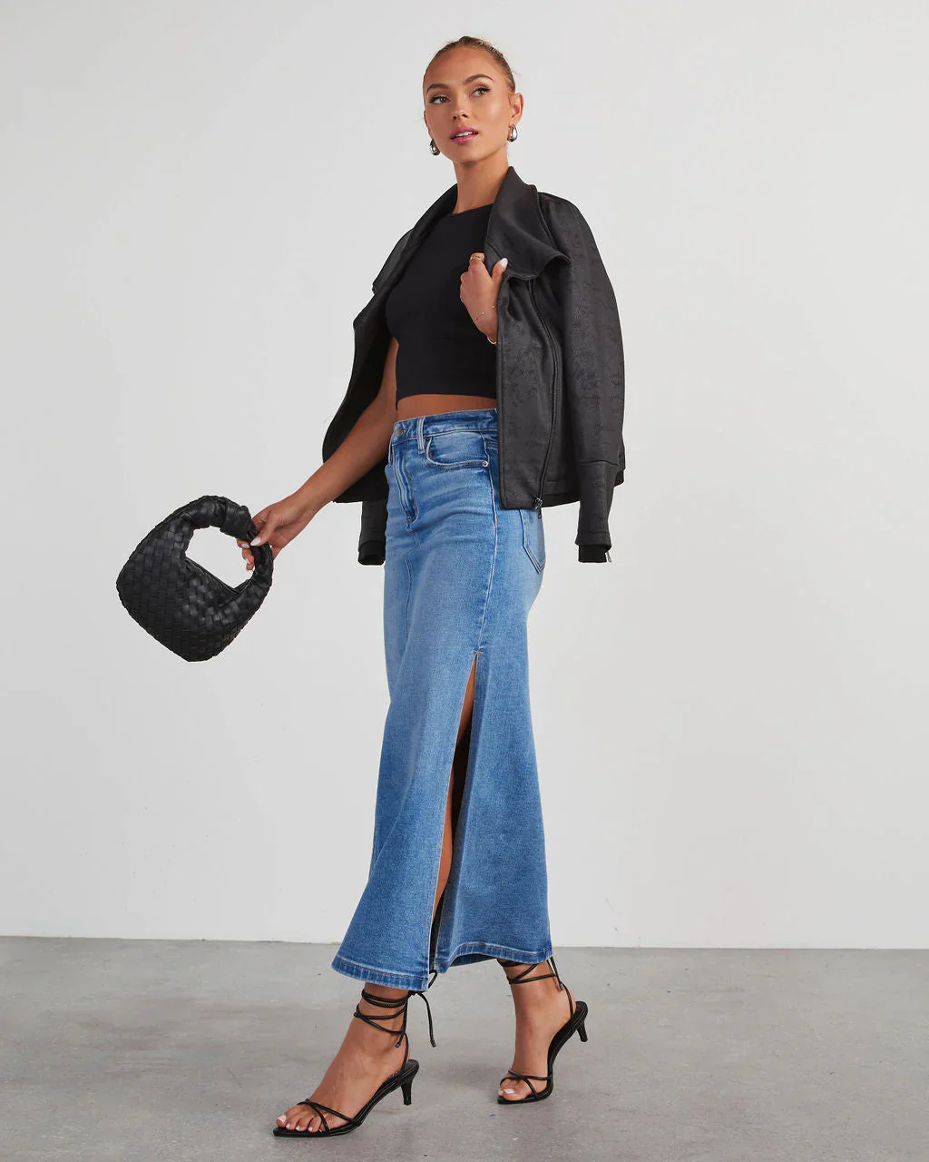 Chic Side Slit Denim Midi Skirt