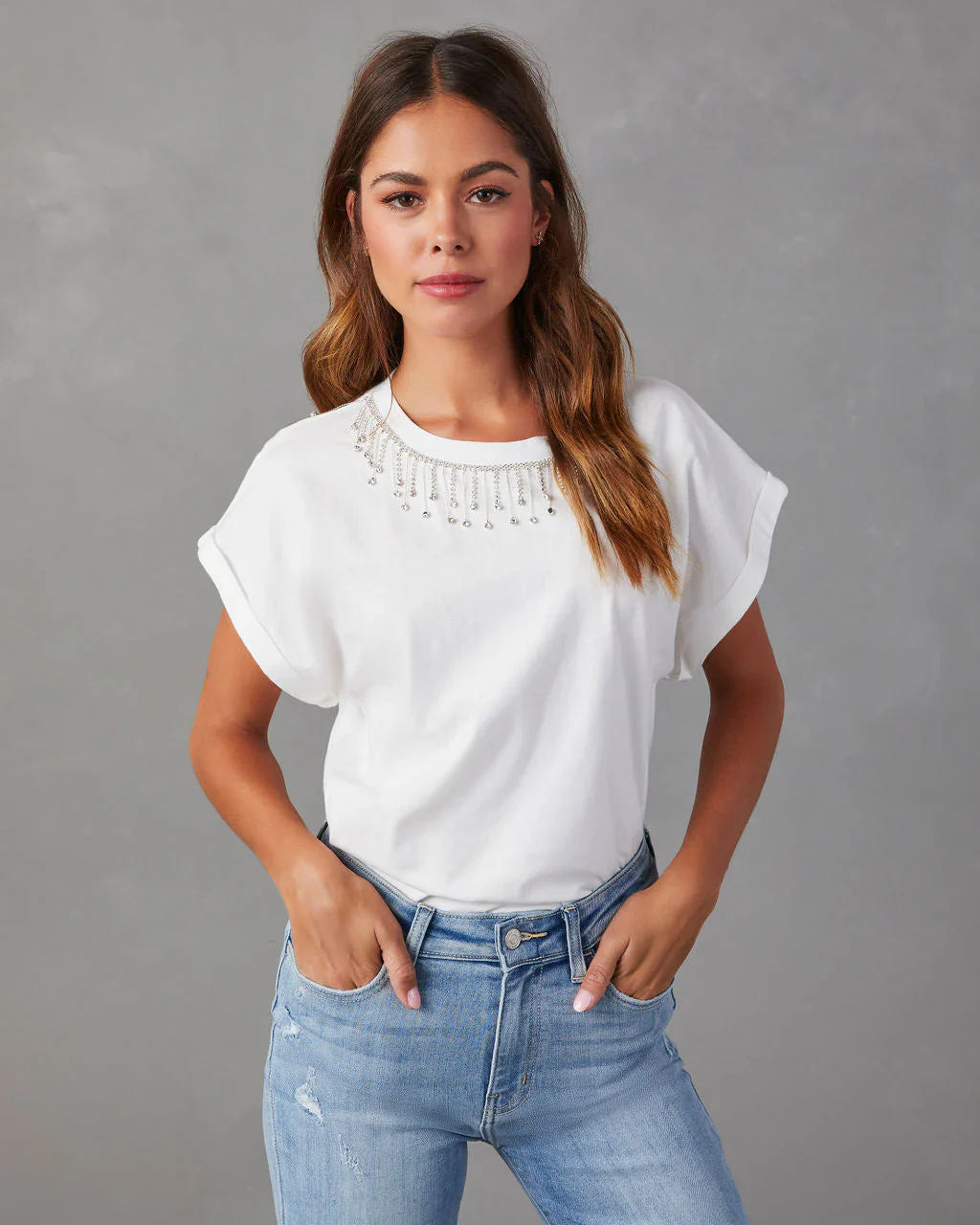 Affari Rhinestone Short Sleeve Top