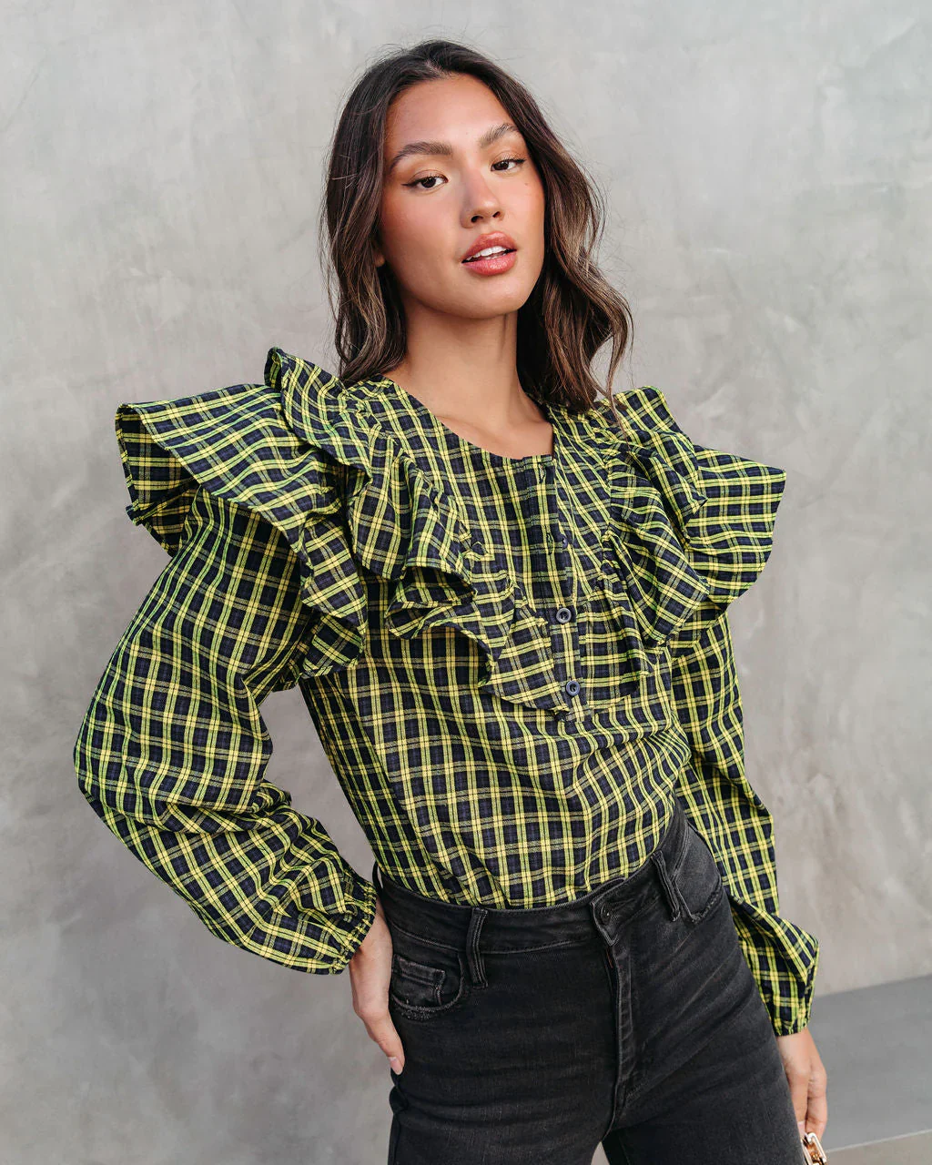 Clara Plaid Ruffle Long Sleeve Top