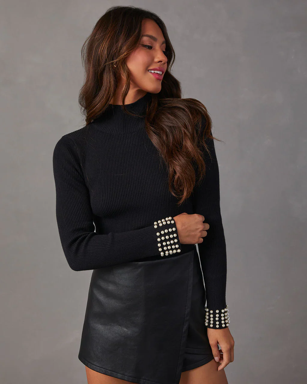 Camalie Pearl Embellished Mock Neck Sweater