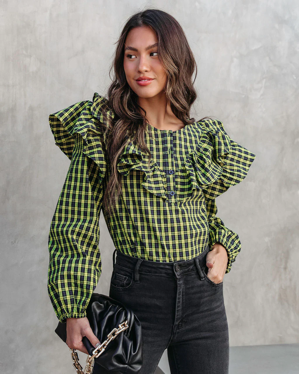 Clara Plaid Ruffle Long Sleeve Top