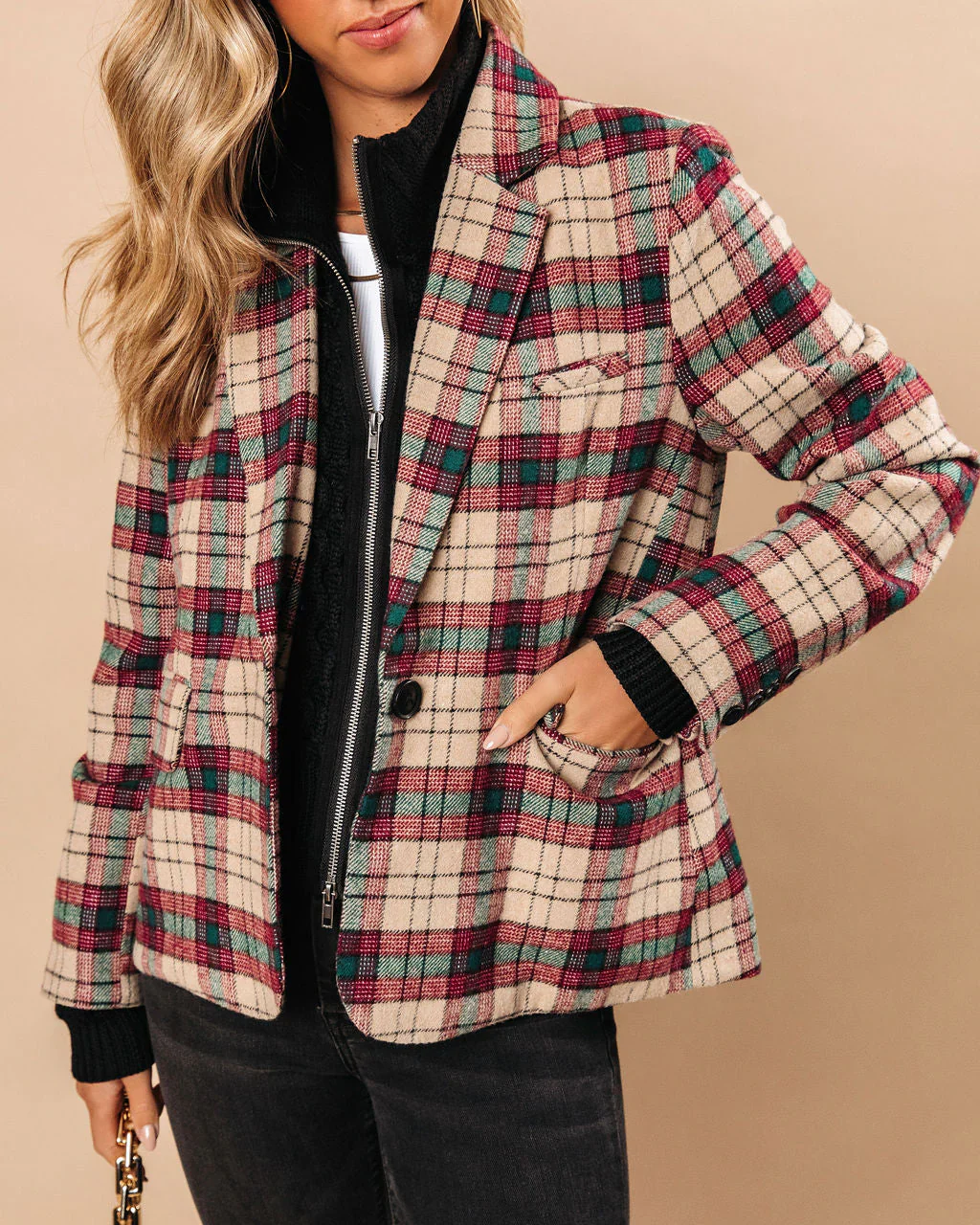 Good Tidings Pocketed Plaid Blazer