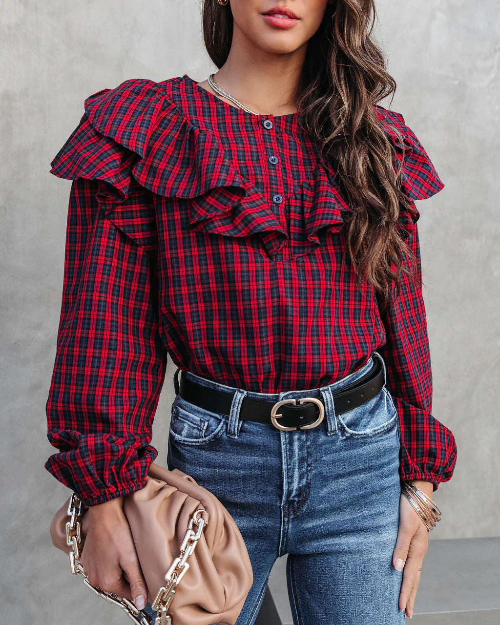 Clara Plaid Ruffle Long Sleeve Top