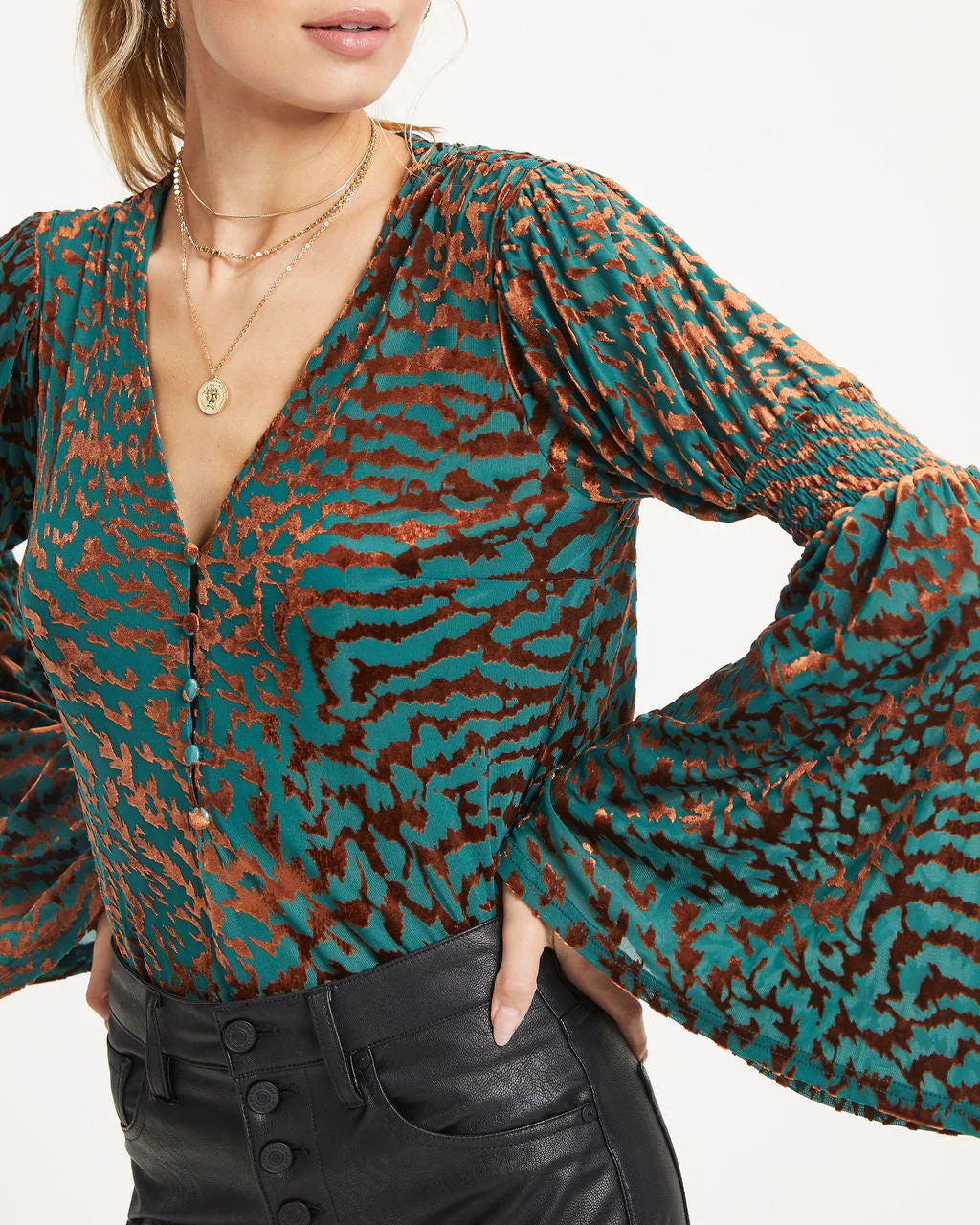 Annalisa Velvet Burnout Bell Sleeve Top