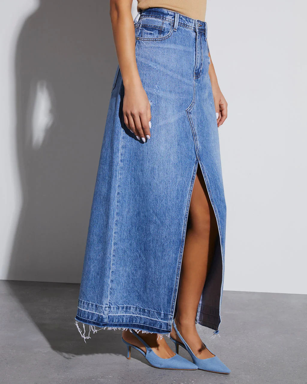 Jenna Distressed Denim Maxi Skirt