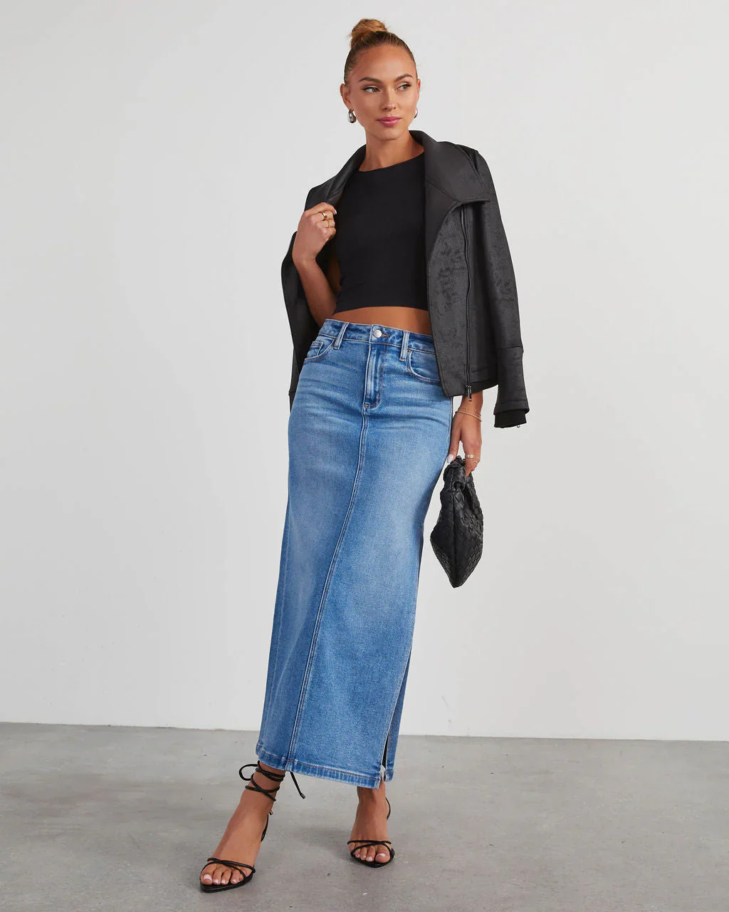 Chic Side Slit Denim Midi Skirt